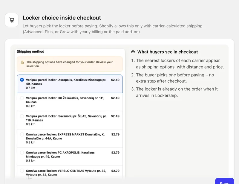 Parcel lockers shown as shipping options in Shopify checkout