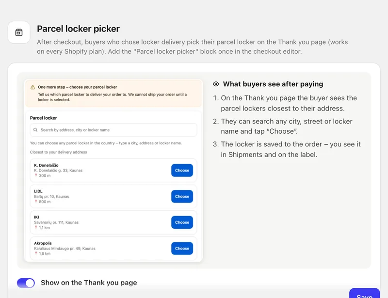 Parcel locker picker on the order confirmation page