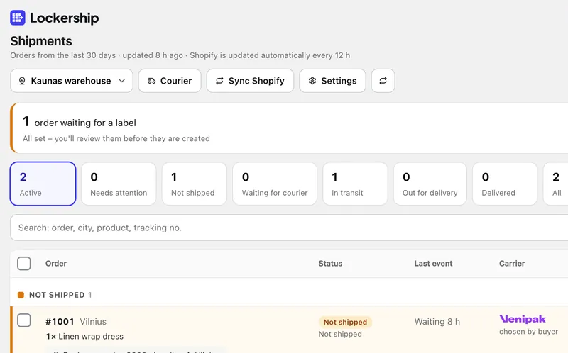 Lockership shipments list in the Shopify admin